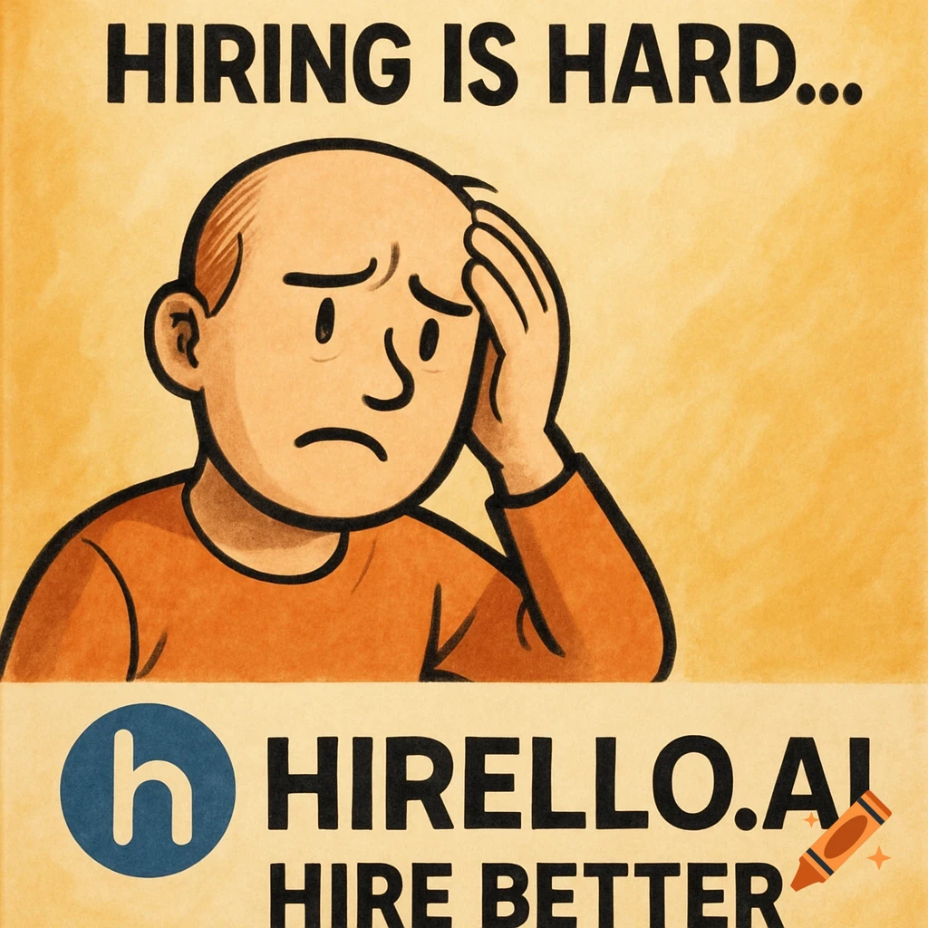 Cartoon of a man looking stressed with text 'HIRING IS HARD...' and 'HIRELLO.AI HIRE BETTER'.