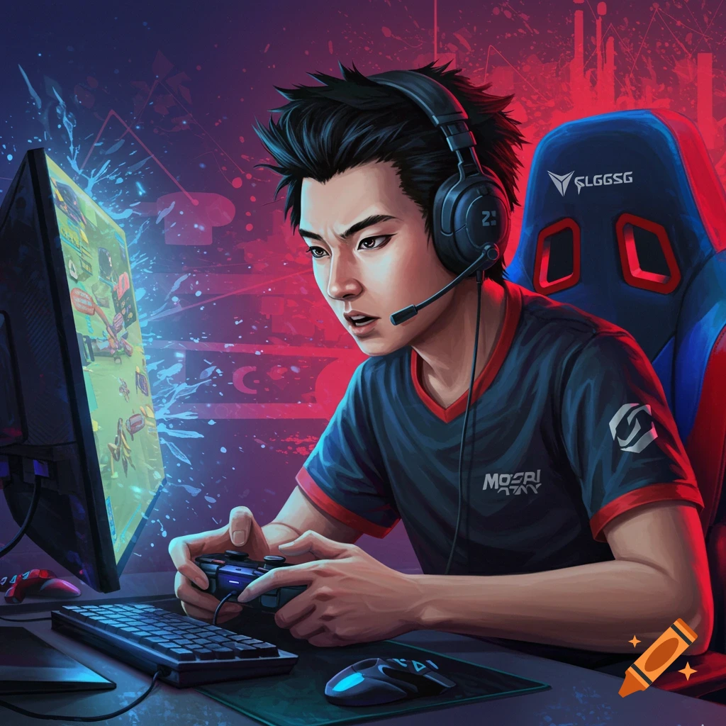 Stylized illustration of a young person wearing headphones and gaming headset, playing a video game.