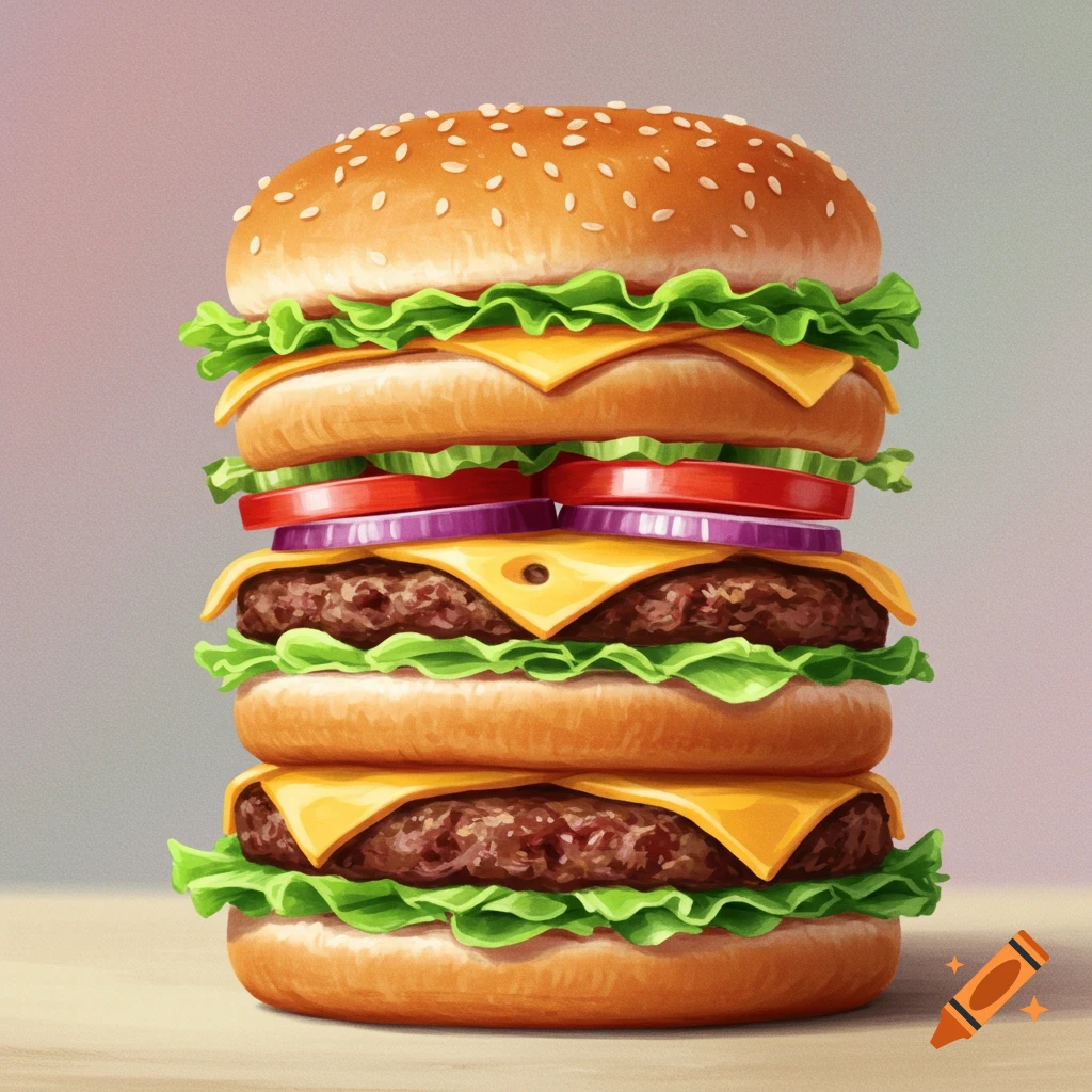 A large, multi-layered hamburger with patties, cheese, lettuce, tomato, and onion rings on sesame seed buns.
