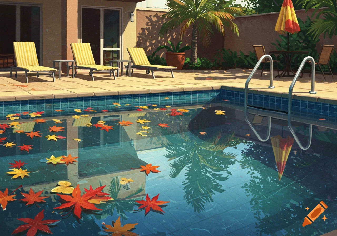 Illustration of a residential swimming pool with lounge chairs, palm trees, and autumn leaves floating on the water.
