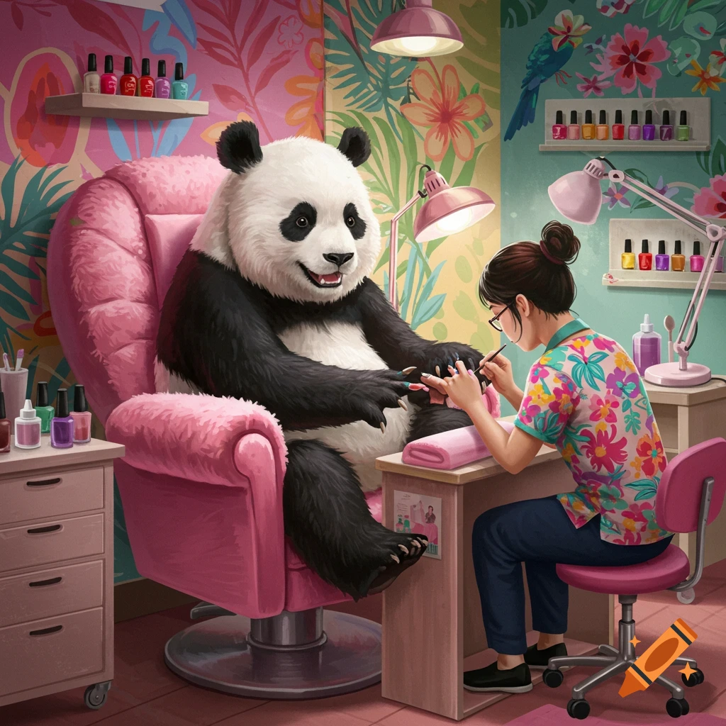 Panda getting nails done by a person in a brightly decorated salon.