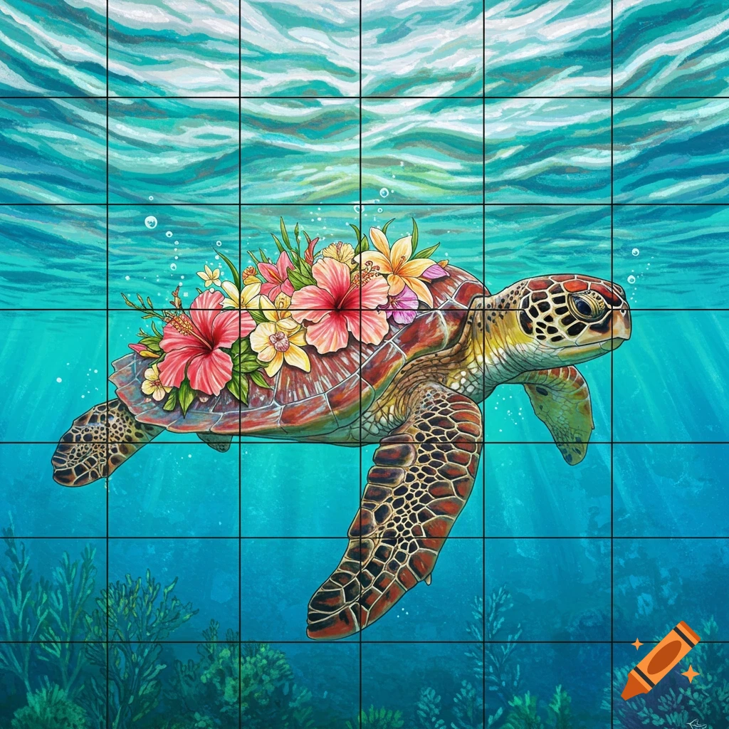 Illustration of a sea turtle swimming underwater with flowers on its shell, divided into squares.