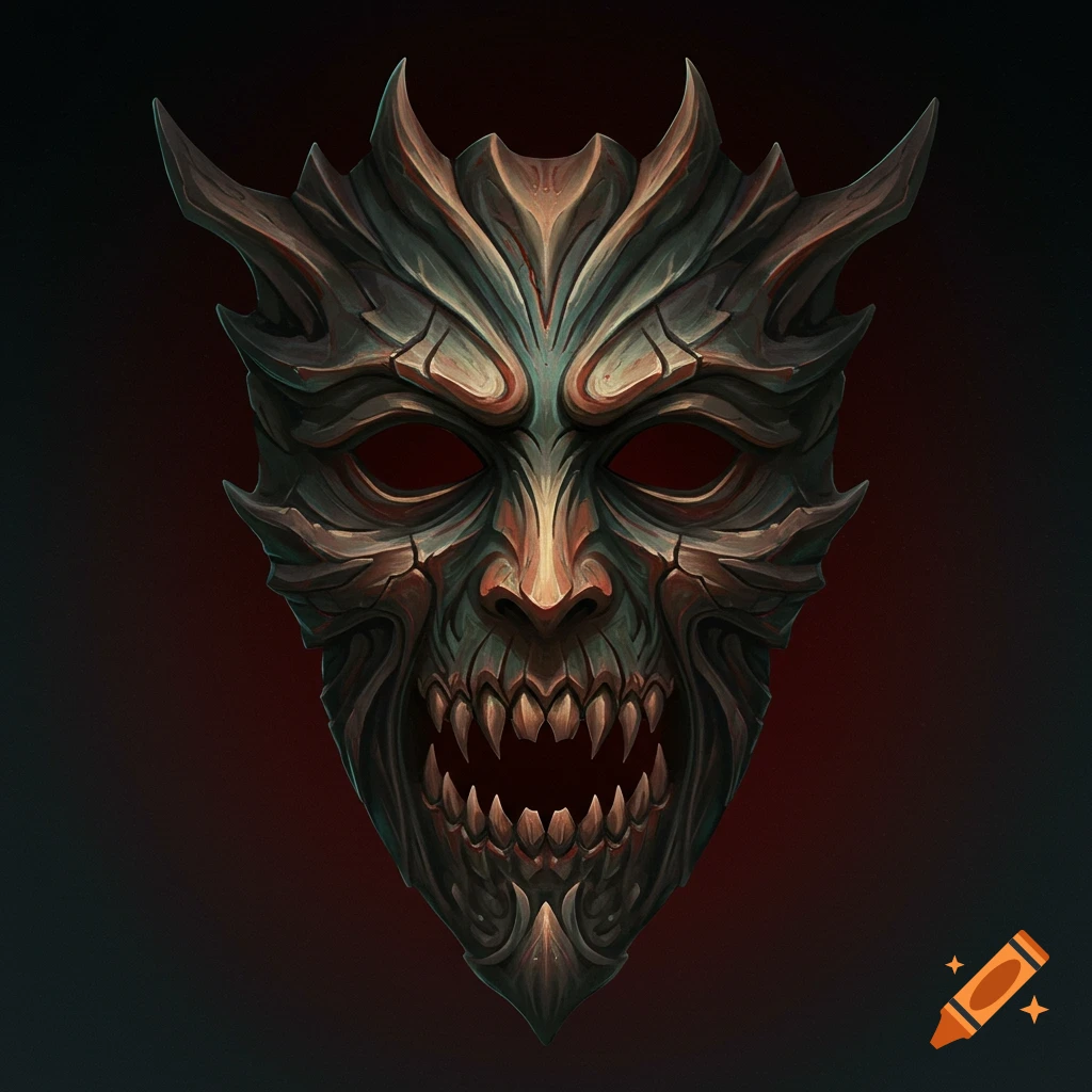 Detailed stylized demonic mask with horns and fangs on a dark background