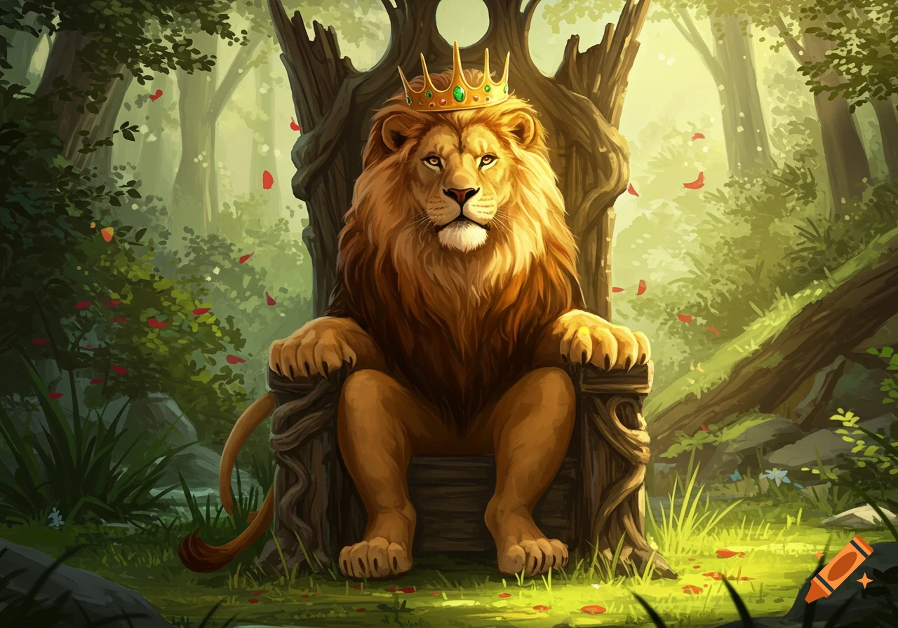 Regal lion king with crown on a wooden throne in a fantasy forest, painterly style.