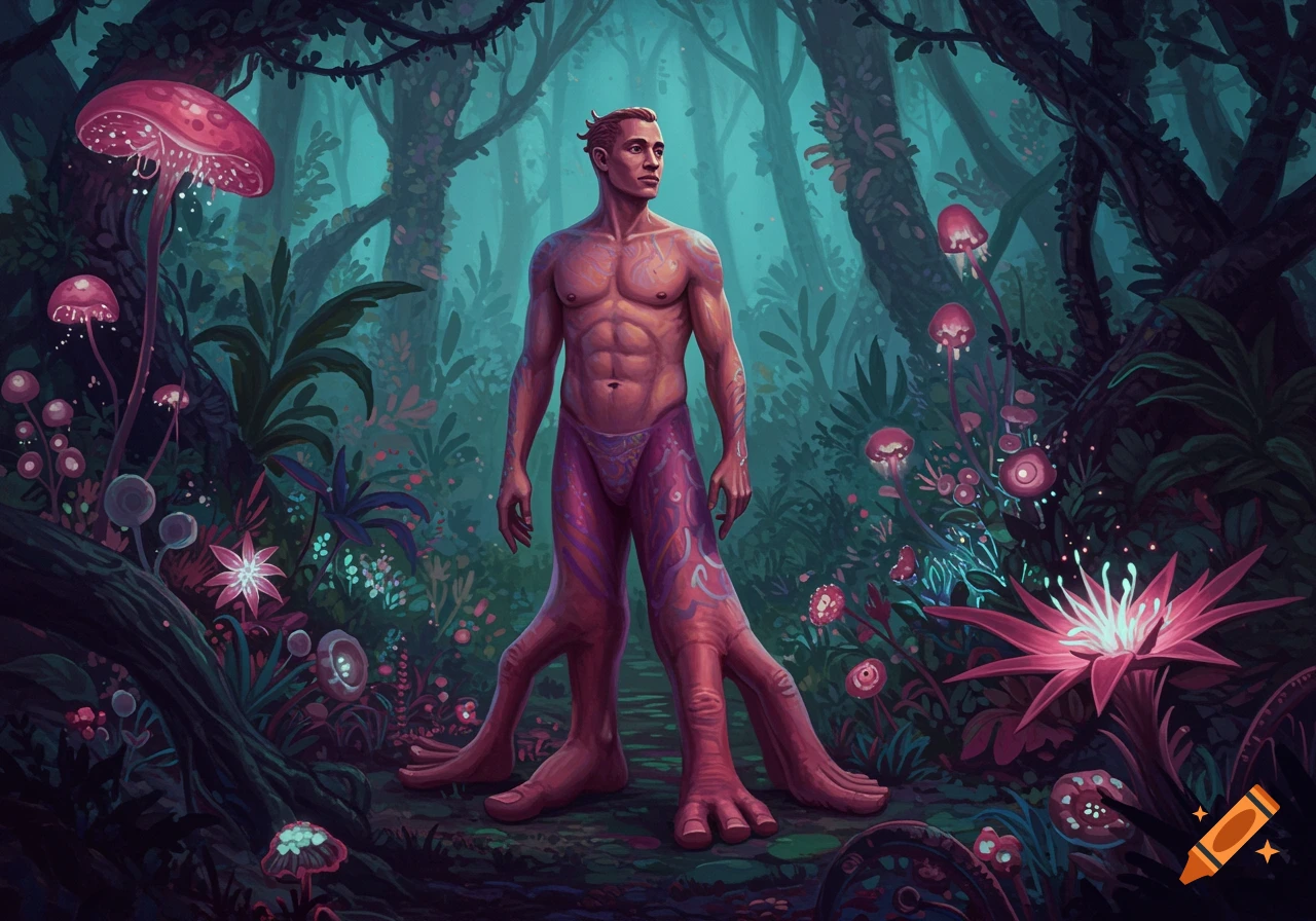 A male figure with multiple root-like legs and finger-toes stands in a glowing fantasy jungle with large mushrooms.