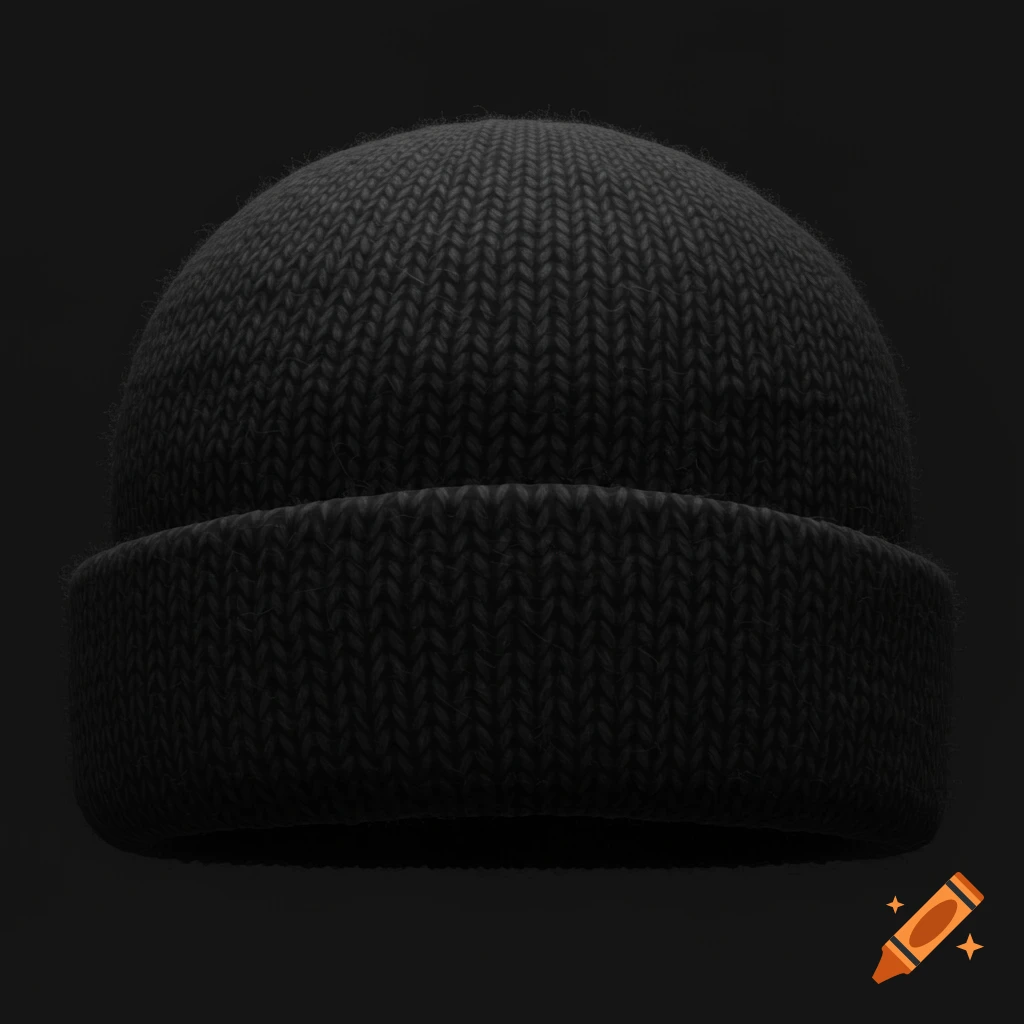 A close-up shot of a black knitted beanie.