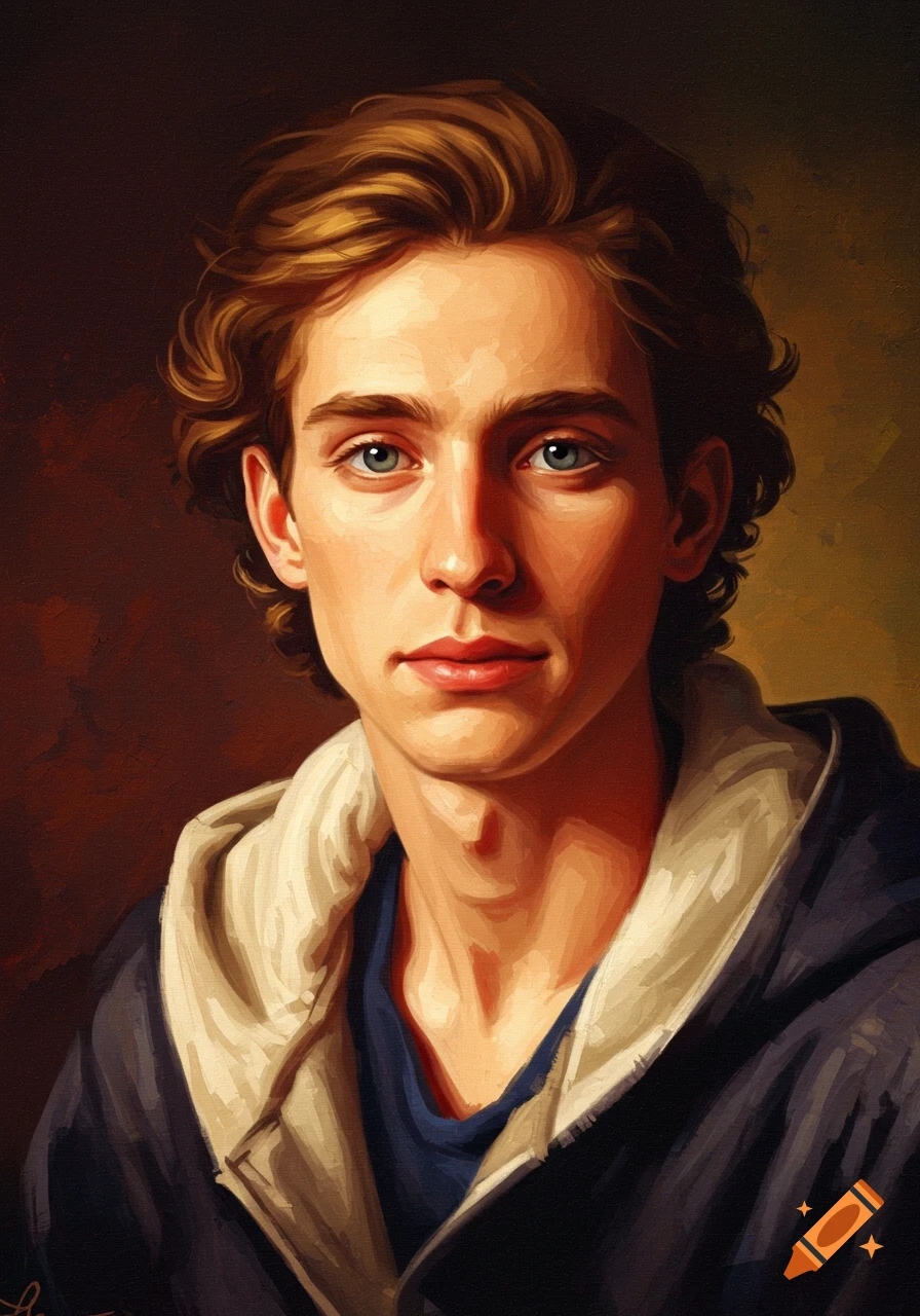 An oil painting portrait of a young man with blue eyes and brown hair wearing a blue shirt and hooded jacket.