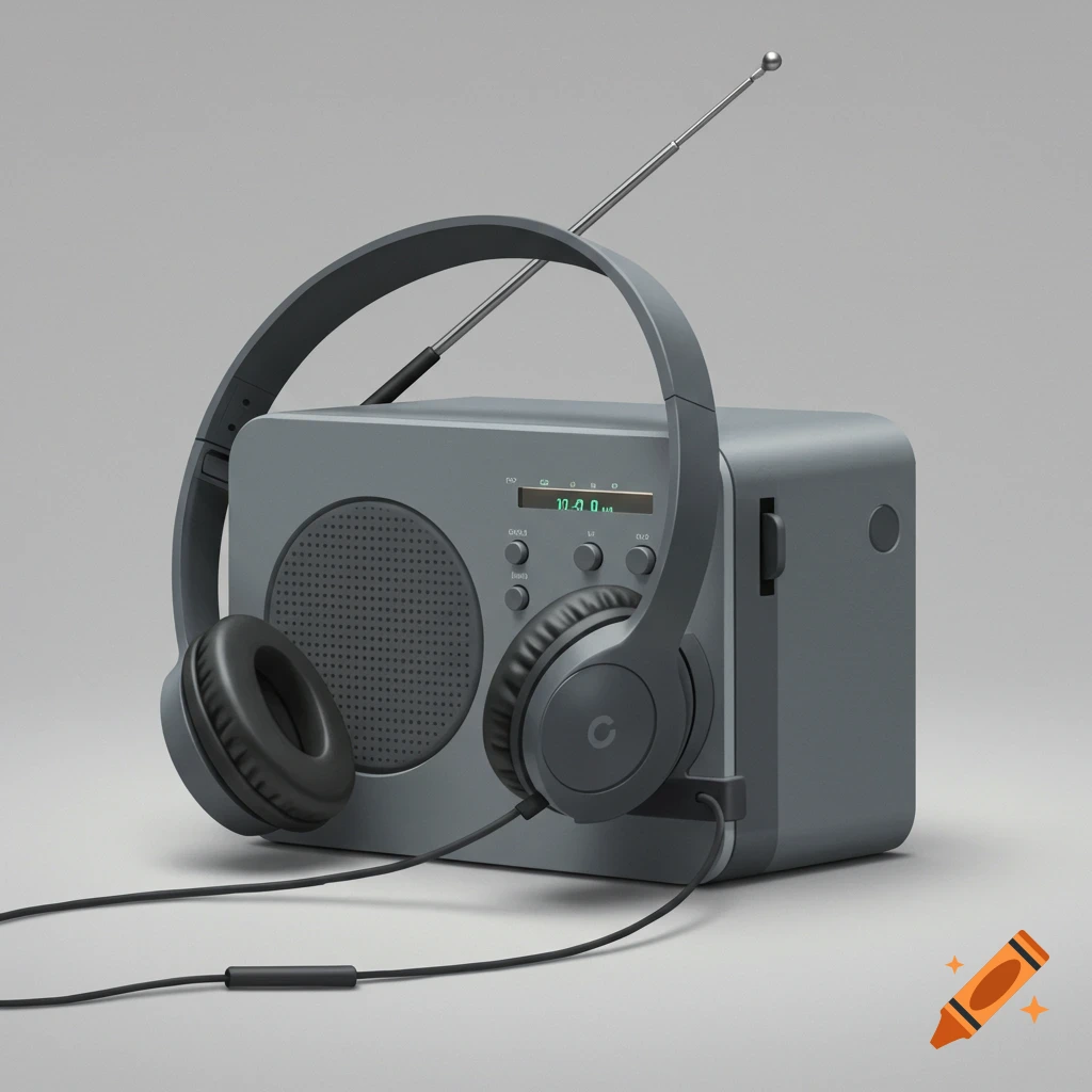 A grey modern radio with dark grey headphones resting on it.