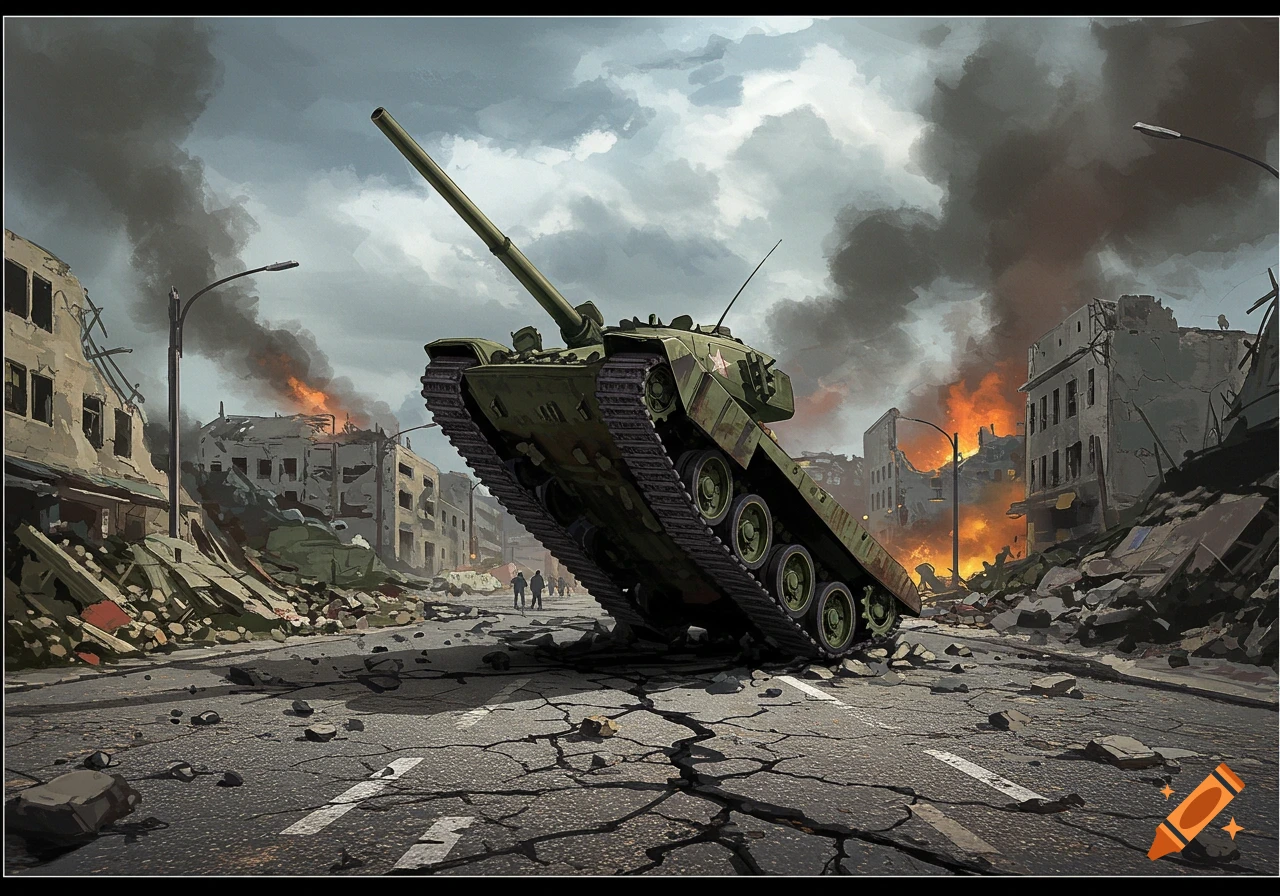 A tank stands tilted on a broken street in a ruined city with fires and smoke under a cloudy sky, digital painting.