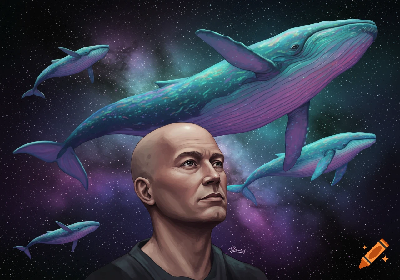 Illustration of a bald man looking up at blue and purple whales swimming through a starry space.