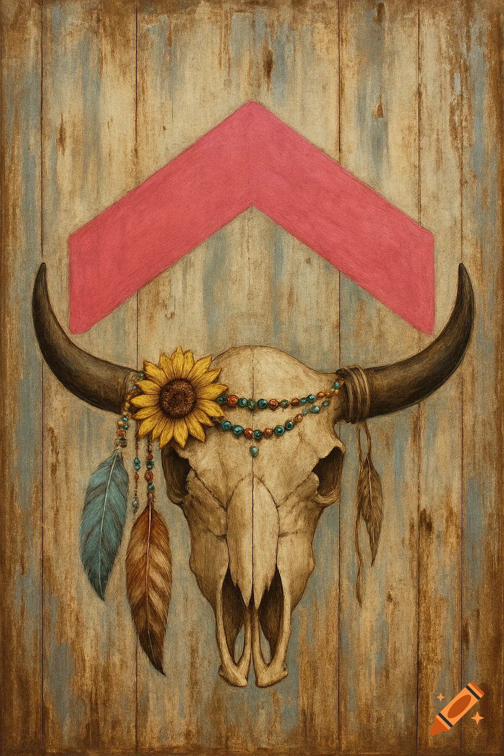 Stylized illustration of a bull skull decorated with a sunflower, beads, and feathers on rustic wood with a pink chevron