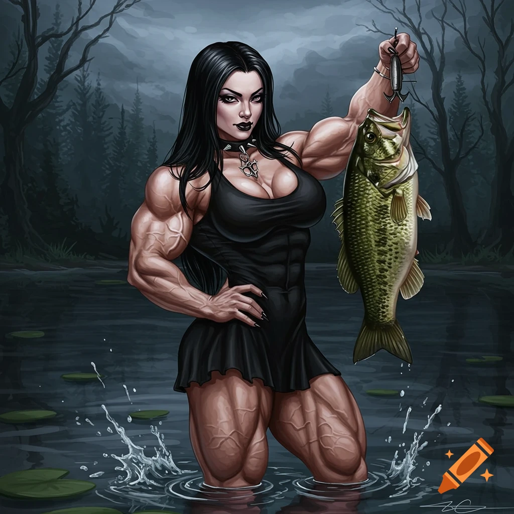 A muscled goth woman stands in a lake, holding up a large bass fish.