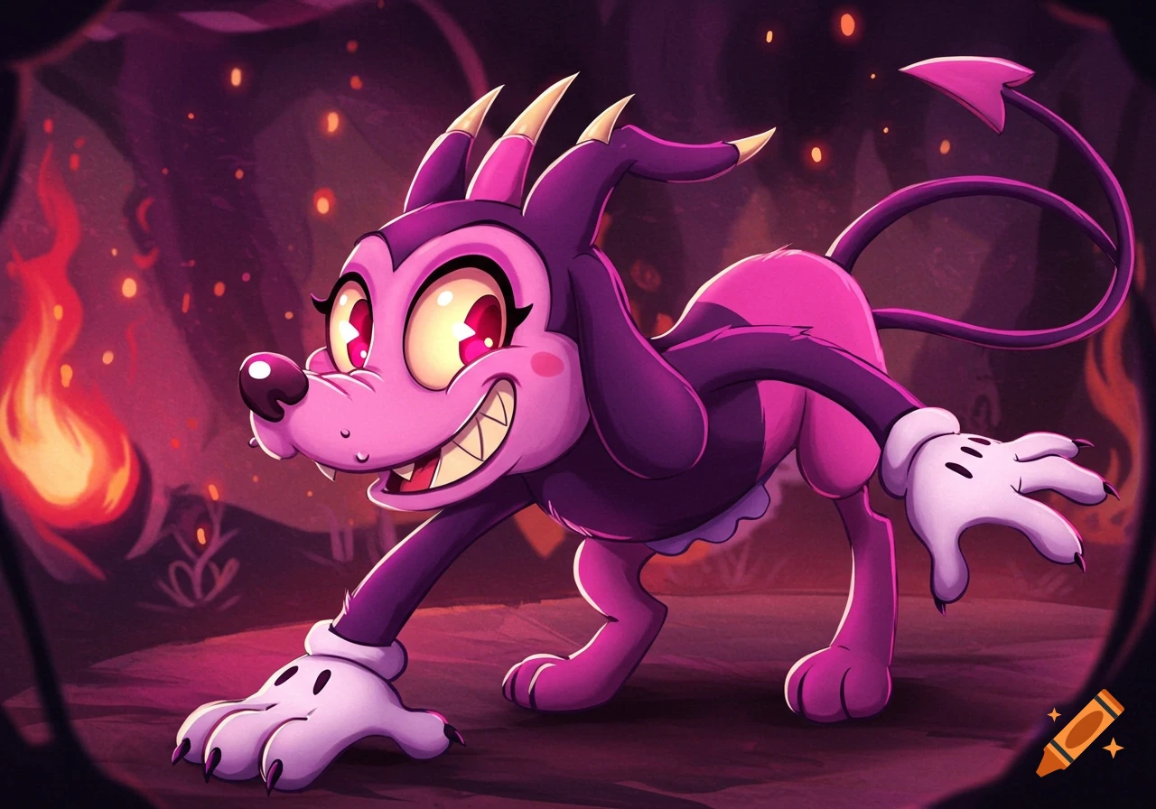 A cartoon depiction of a purple and pink demon dog in a dark, fiery cave.