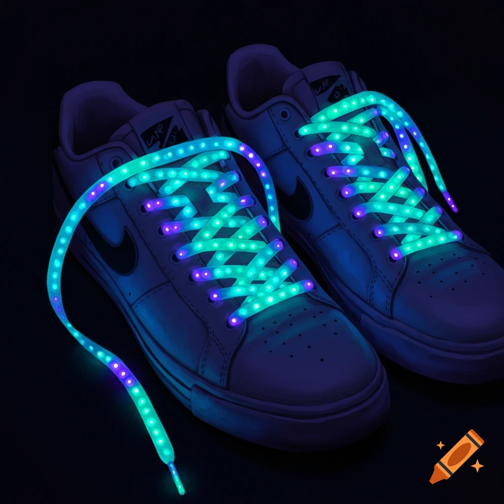 A pair of white sneakers with glowing teal and purple LED shoelaces in the dark.