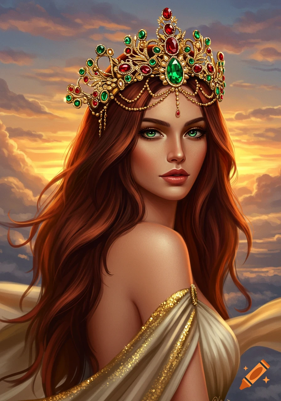 Portrait of a woman with a gold and jeweled crown against a sunset sky.