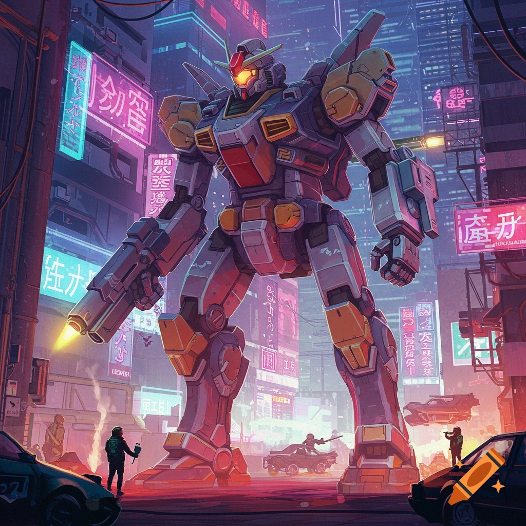 A large mecha stands in a cyberpunk city street filled with neon signs and small figures.