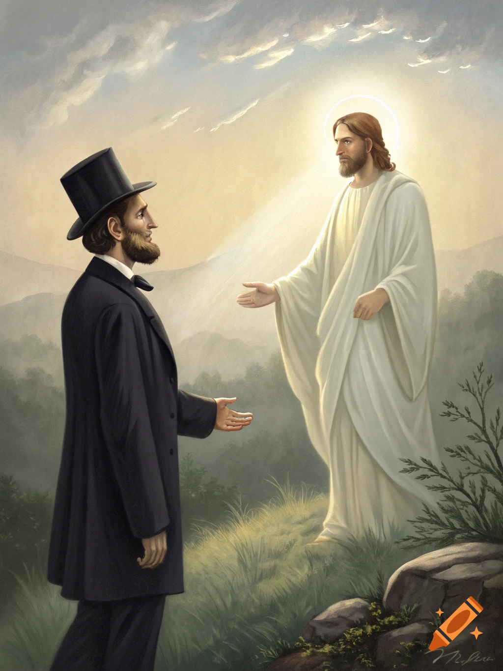 Painting of Abraham Lincoln in a top hat meeting Jesus Christ in a white robe in a landscape.