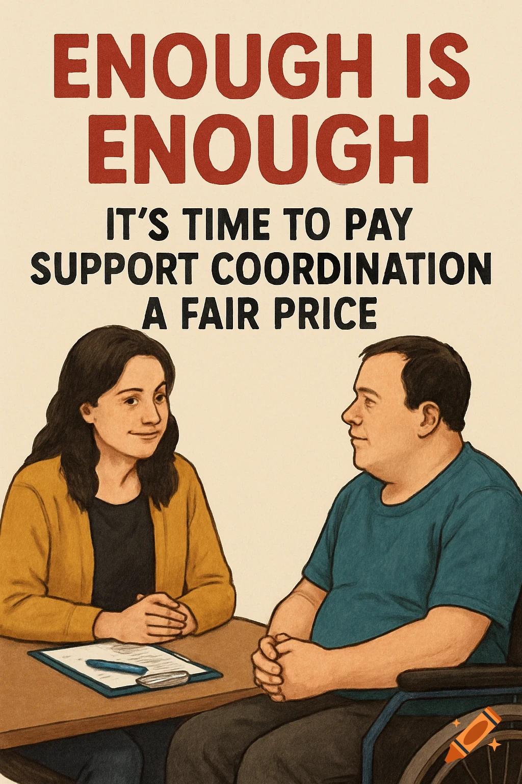 Poster illustration with text 'Enough is Enough...' showing two people, one in a wheelchair, sitting at a table.
