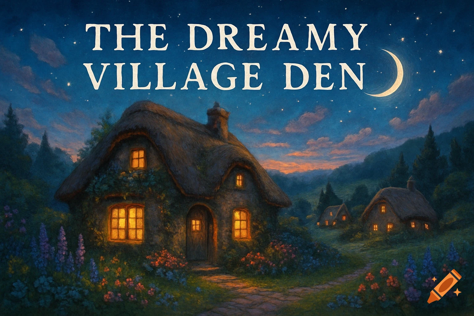 Dreamy village cottages with flowers at night under a starry sky, text reads 'The Dreamy Village Den'