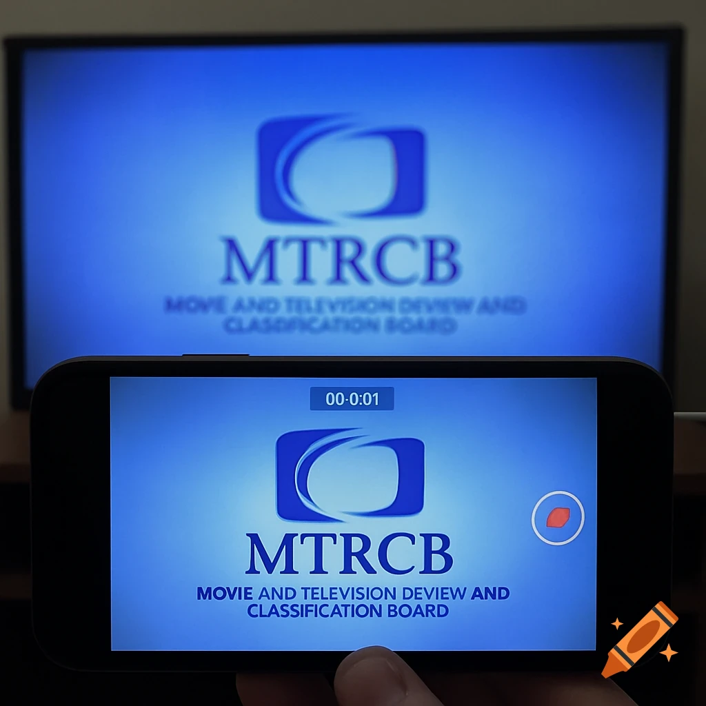 A hand holds an iPhone displaying the MTRCB logo in front of a TV ...