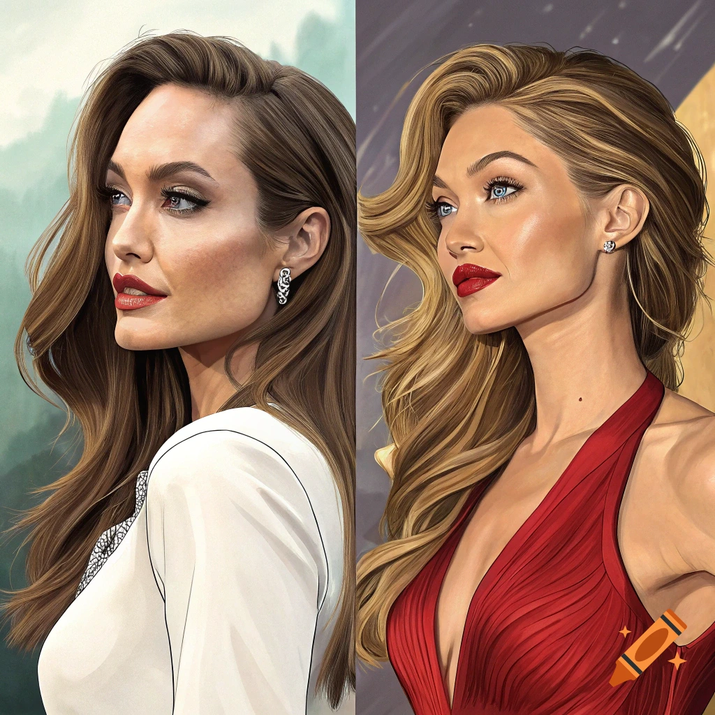 Stylized portrait of Angelina Jolie and Gigi Hadid side by side.