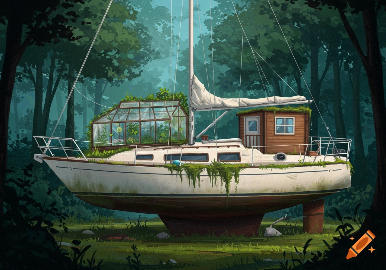 Sailboat on land in a forest with a greenhouse and cabin