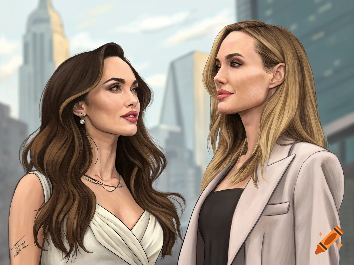 Stylized portrait of two women resembling celebrities in a city background.