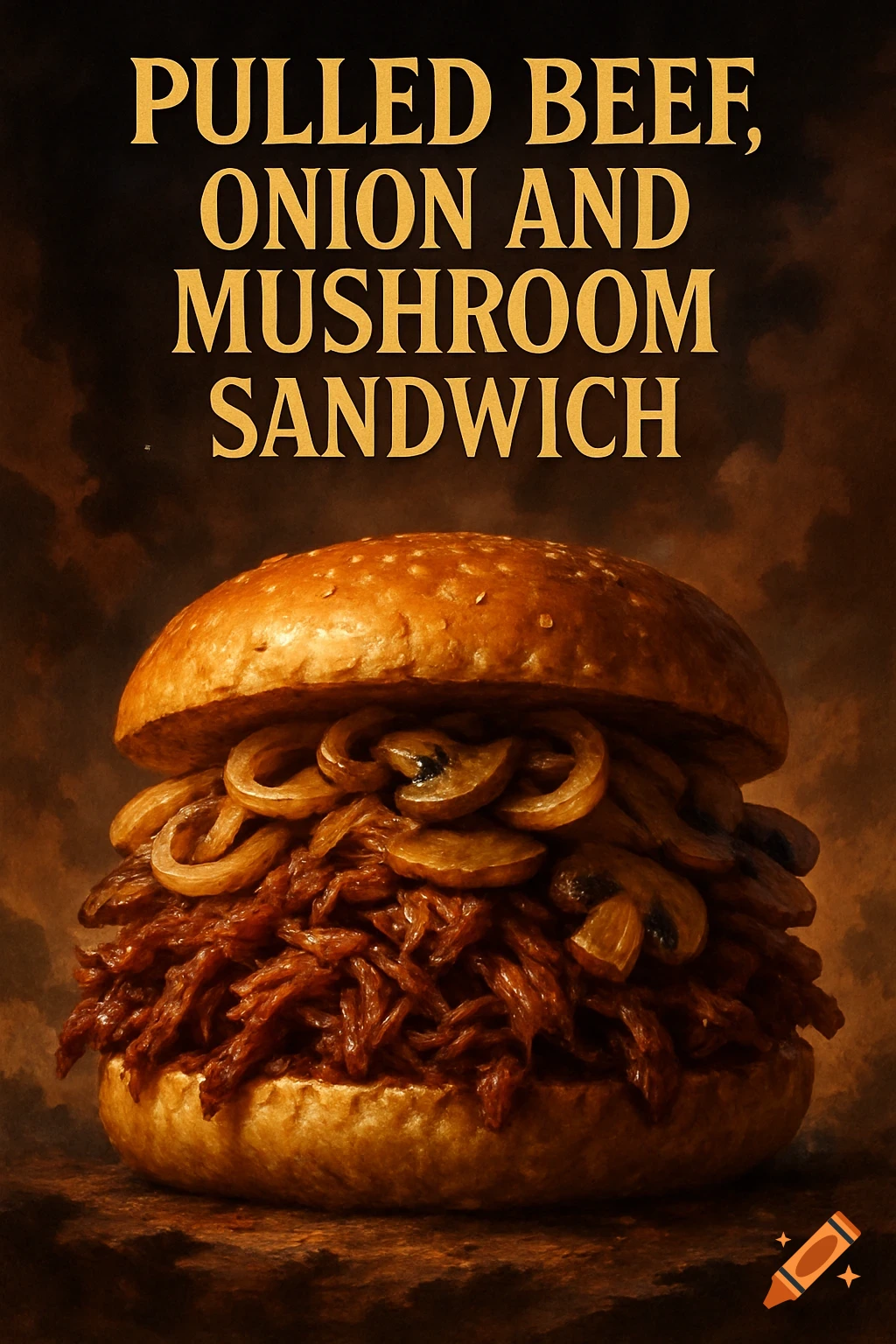 Poster for pulled beef, onion, and mushroom sandwich in an epic movie style.