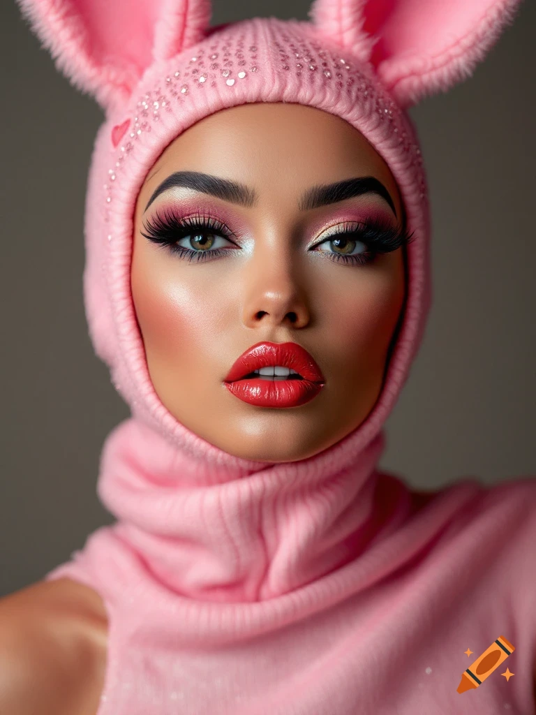 Close-up portrait of a woman in a pink bunny hat with sparkly makeup.