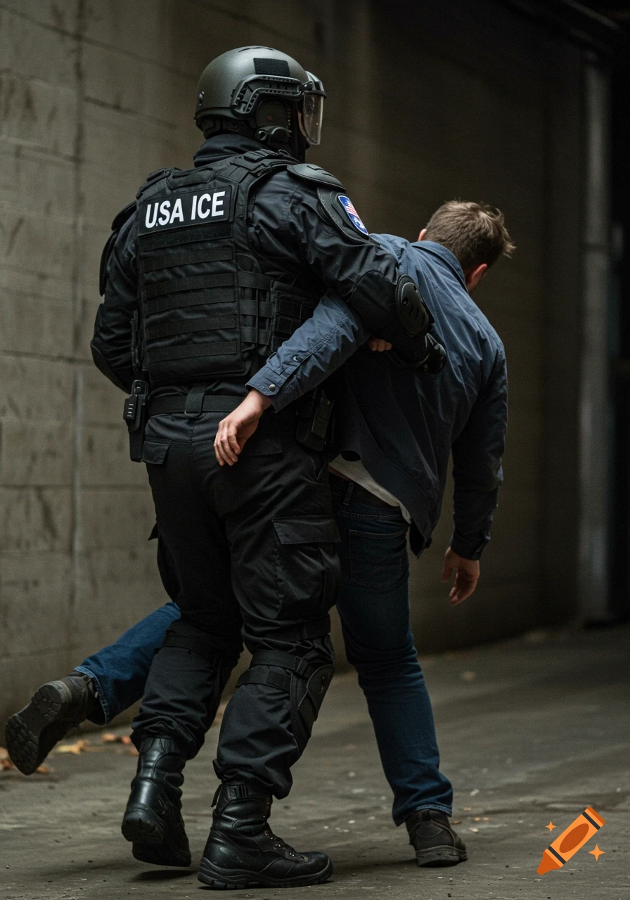 USA ICE agent in tactical gear drags a man, both facing away from camera. Photorealistic style.