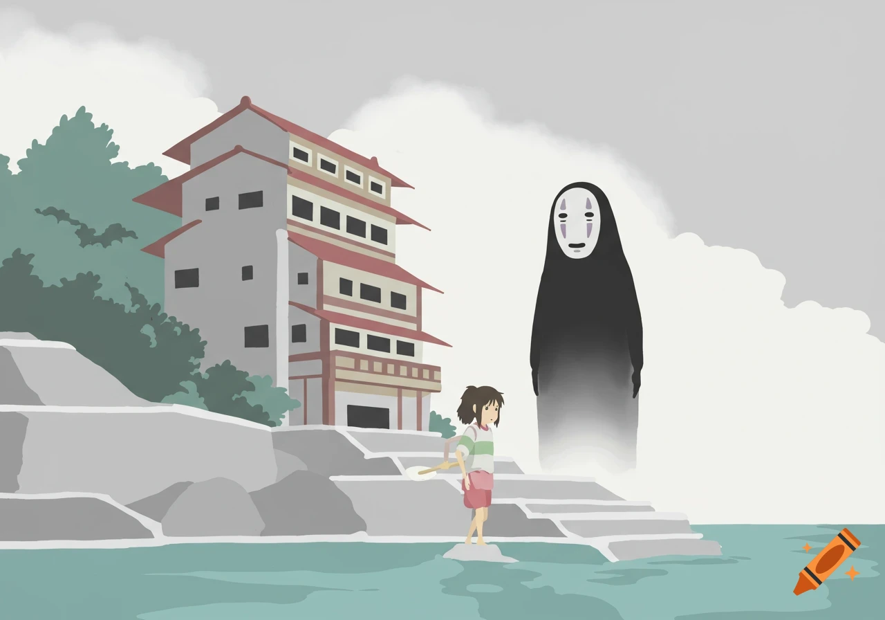 Minimalist art of Chihiro and No-Face by a bathhouse building from Spirited Away.