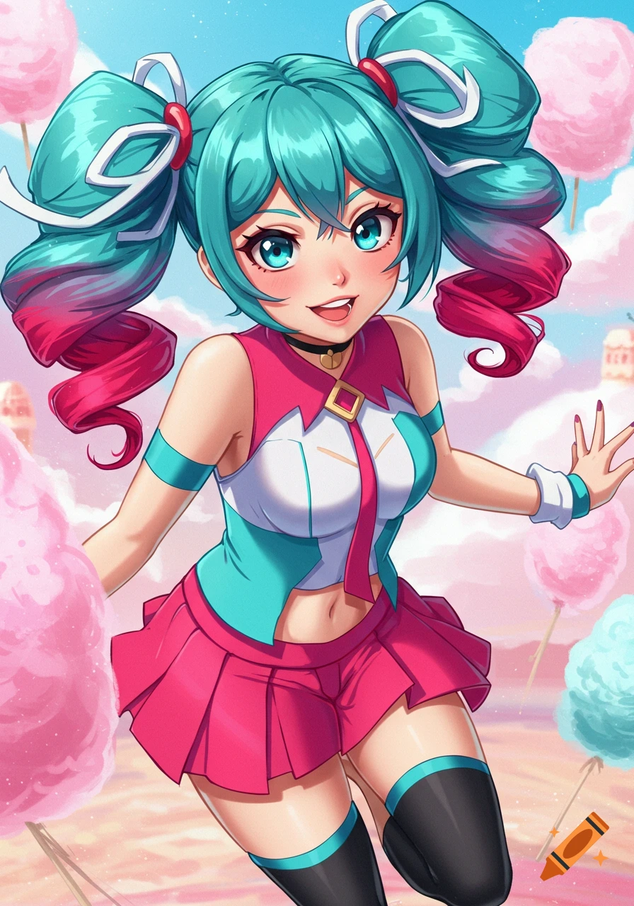 Anime girl with teal pigtails in pink outfit surrounded by giant cotton candy