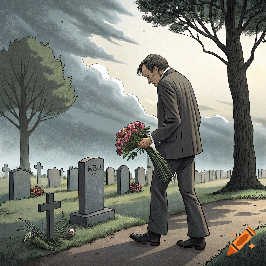 Illustration of a man in a suit walking through a cemetery, holding a bouquet of flowers.