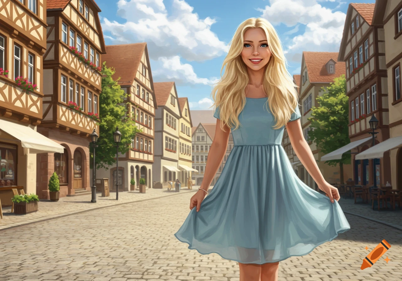 A blonde woman in a blue dress stands in a cobblestone street with European-style buildings.