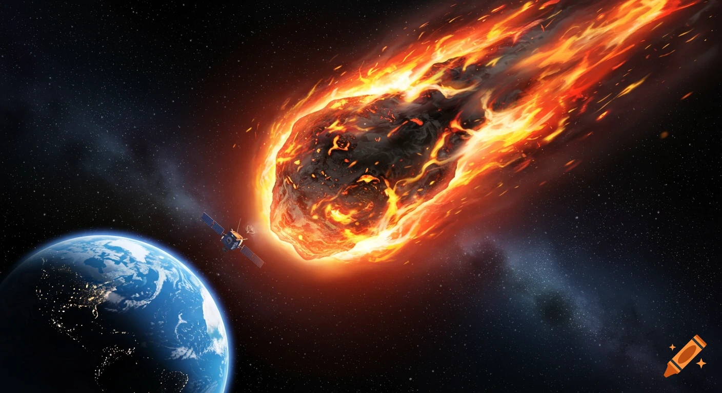A large fiery meteor approaches Earth in space, with a satellite orbiting.