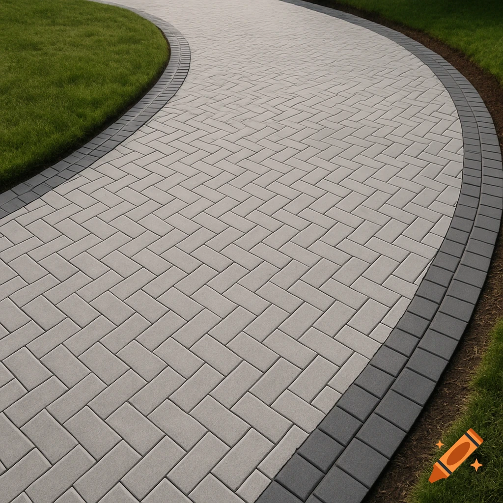 A curved pathway made of light gray herringbone pavers with a double dark gray border.