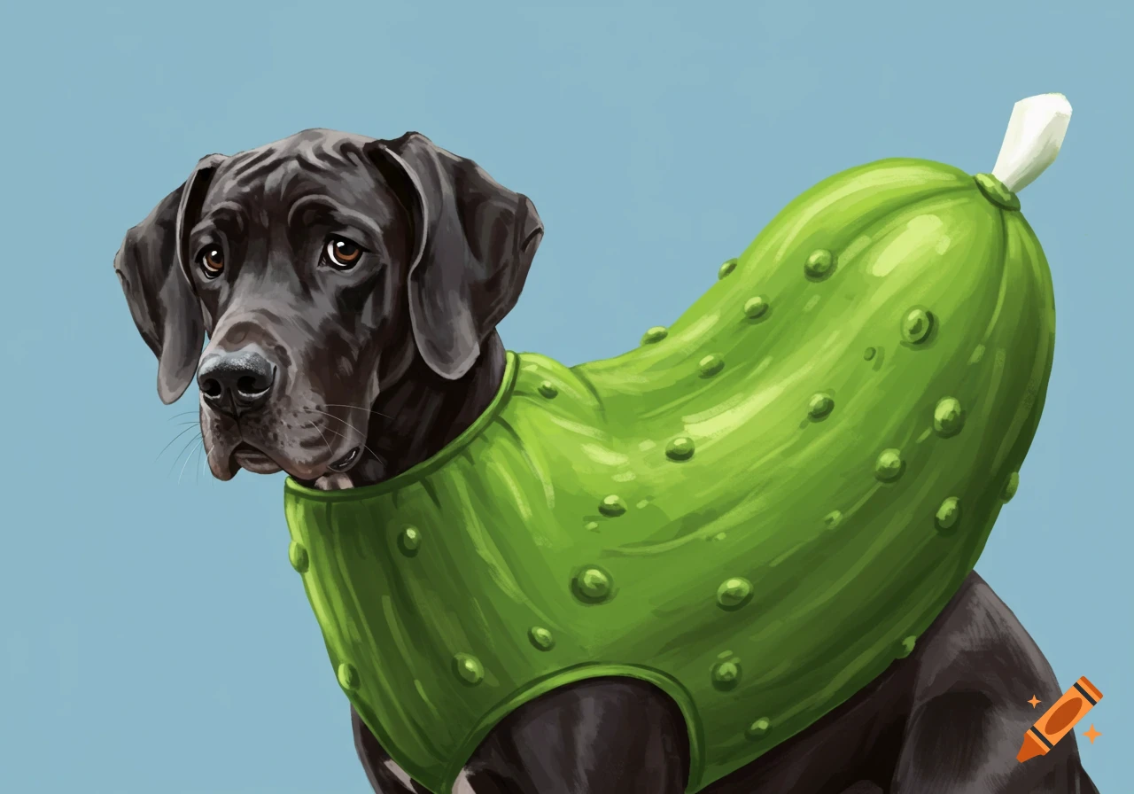 A black dog wearing a large green pickle costume
