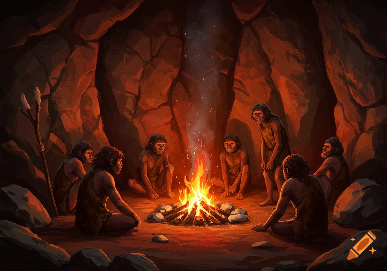 Ancient humans gathered around a fire in a cave, illustration