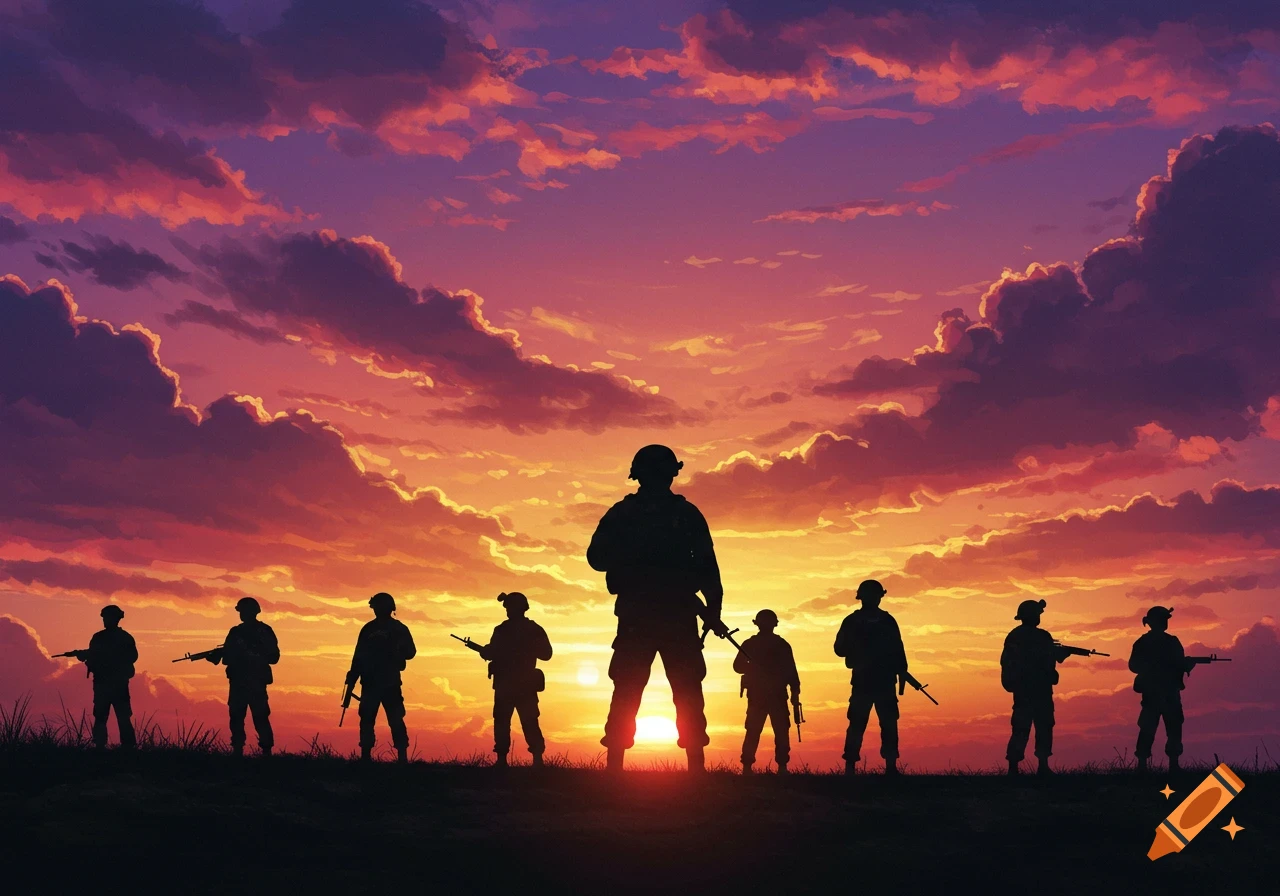 Silhouettes of soldiers standing on a hill at sunset, holding rifles.