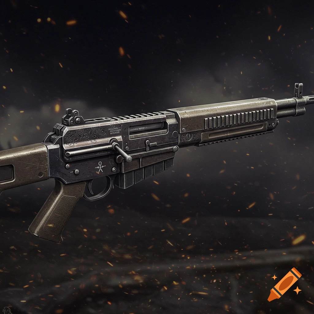 Close-up, detailed view of a rifle with a dark background and scattered embers.