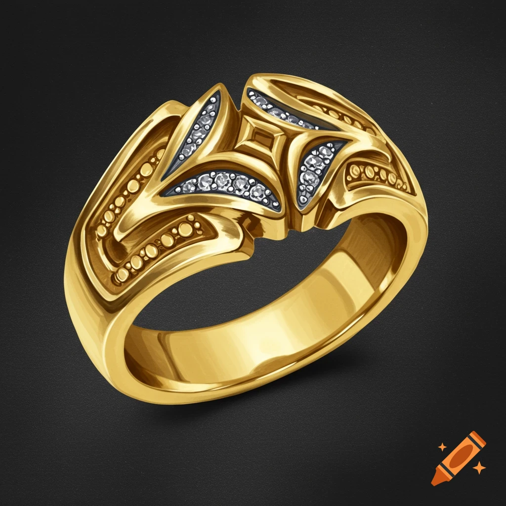 An intricate gold ring with a unique ornate design featuring white stones.