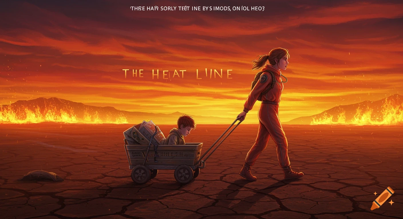 A girl pulls a cart with a boy through a cracked desert under a fiery sky. Text reads 'THE HEAT LINE'.