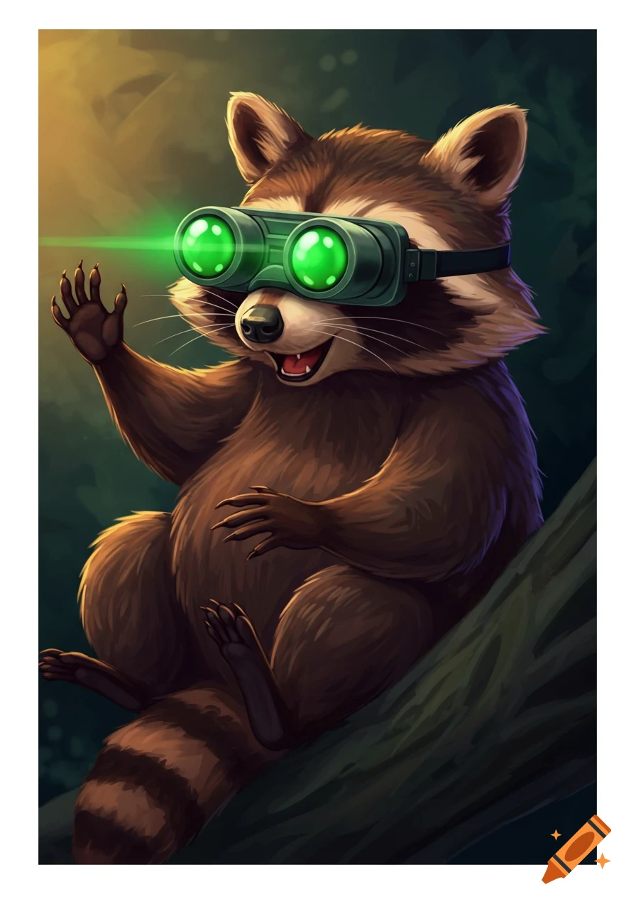 A cartoon raccoon wearing night vision goggles sits on a branch and waves.