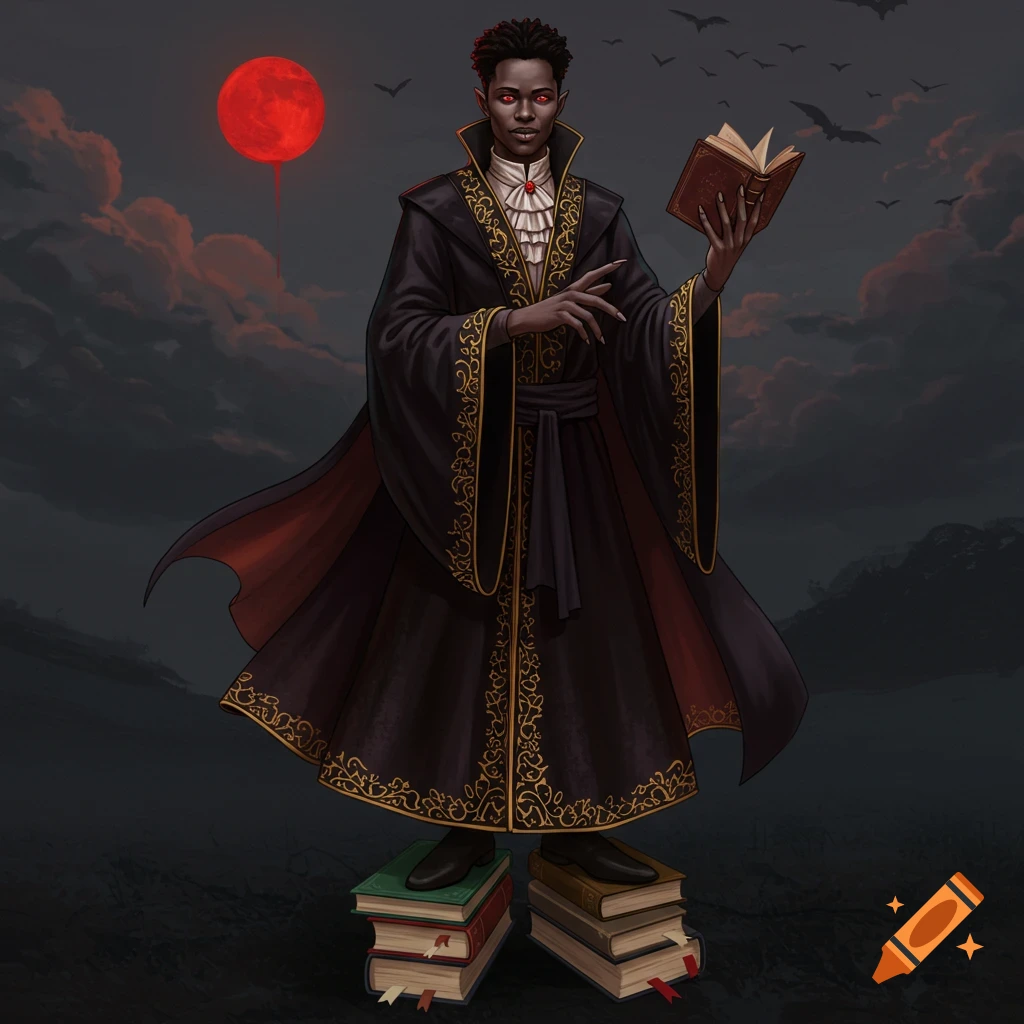 Dark fantasy illustration of an African vampire standing on books under a red moon