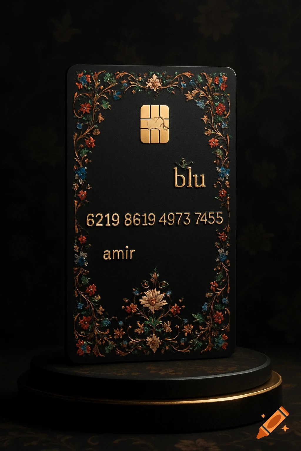 Luxurious black bank card with intricate colorful floral borders on a dark pedestal.