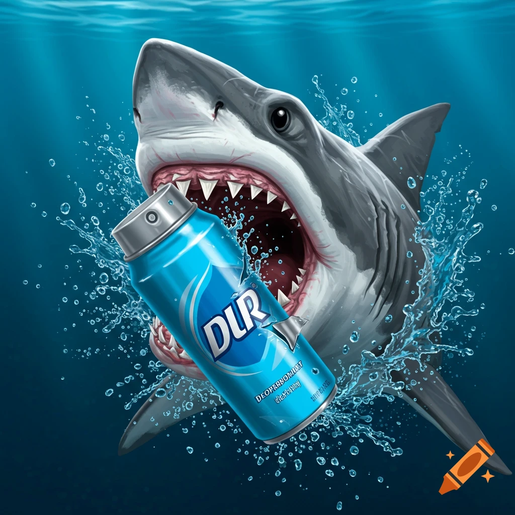 Illustration of a shark biting a blue deodorant can underwater with splashes.