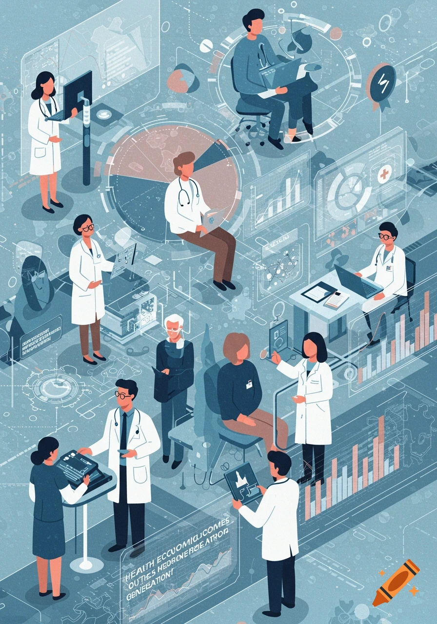 Illustration of people in a healthcare setting interacting with data visualization screens.