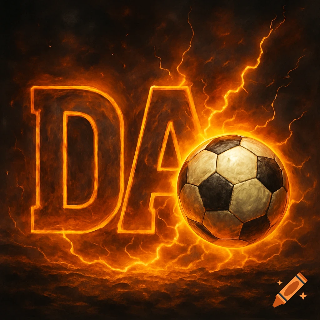 Letters DA and soccer ball surrounded by orange lightning and smoke.