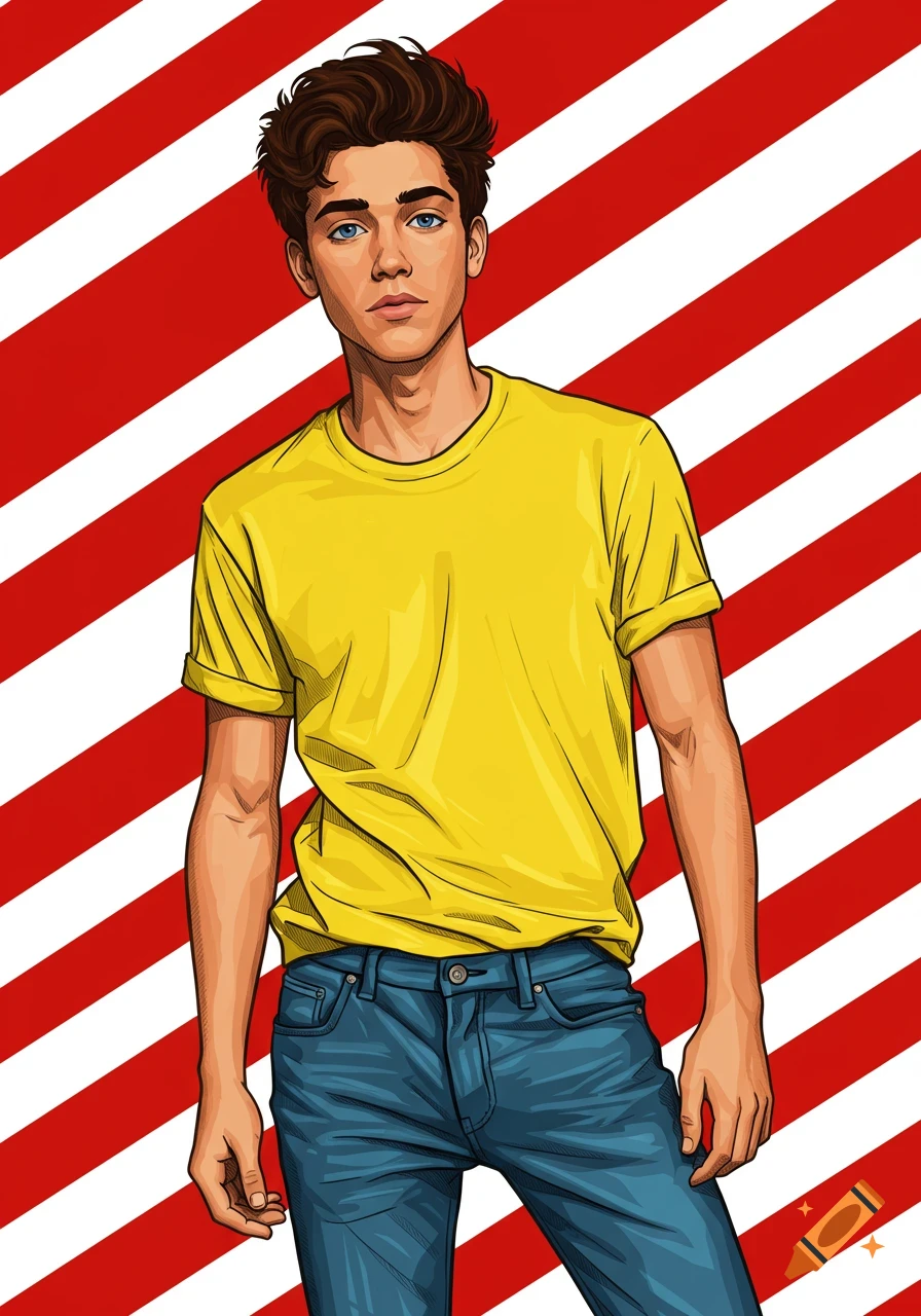 Pop art illustration of a young man in a yellow t-shirt and jeans against a red and white striped background