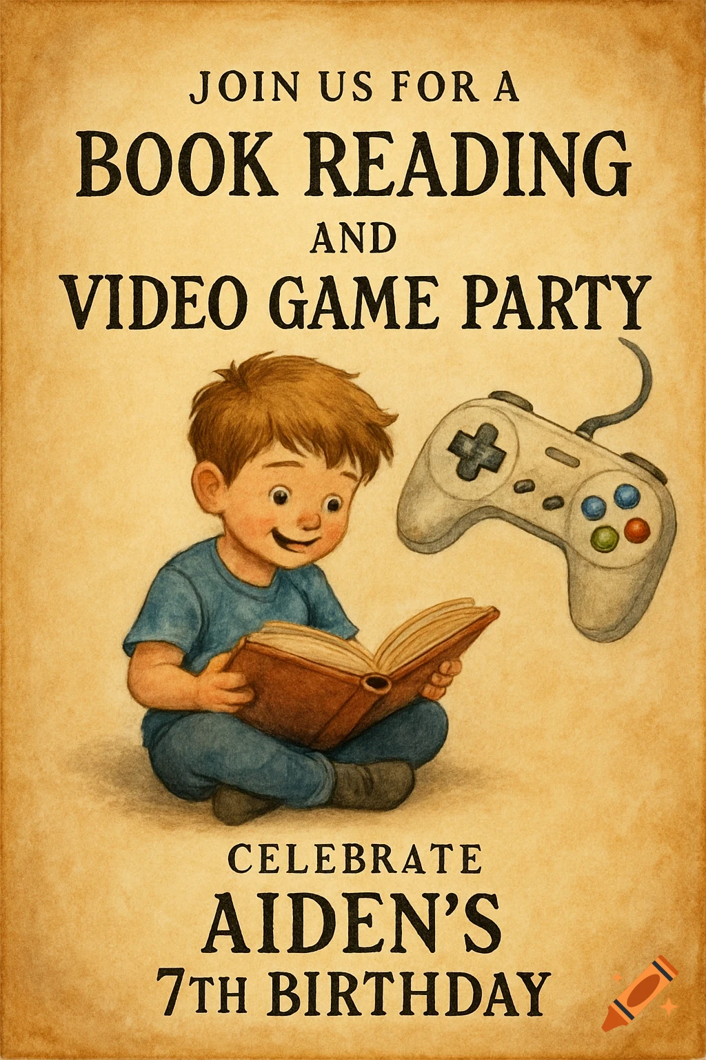 Birthday invitation for a book reading and video game party featuring a boy reading a book and a controller, vintage paper style.